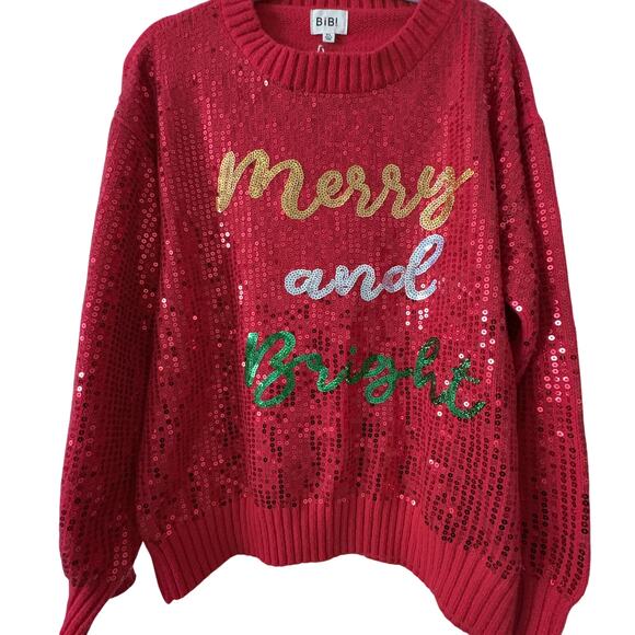 BIBI Sequin Christmas Sweater Merry and Bright Red Holiday XL - Picture 1 of 7